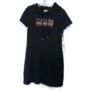 Calvin Klein Black Short-Sleeve Hoodie Dress with Logo